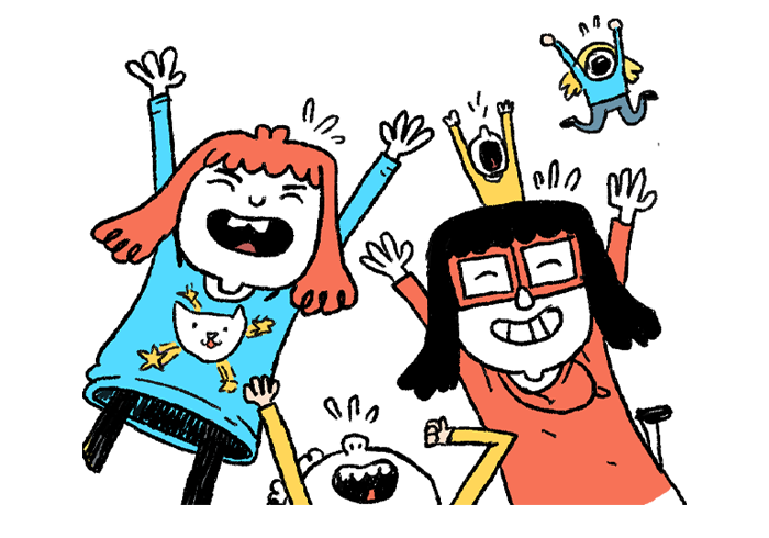 Illustration of Fjóla celebrating with other kids