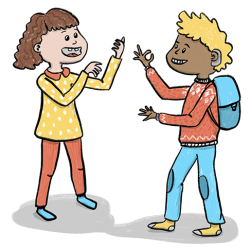 Illustration of children communicating in sign language.